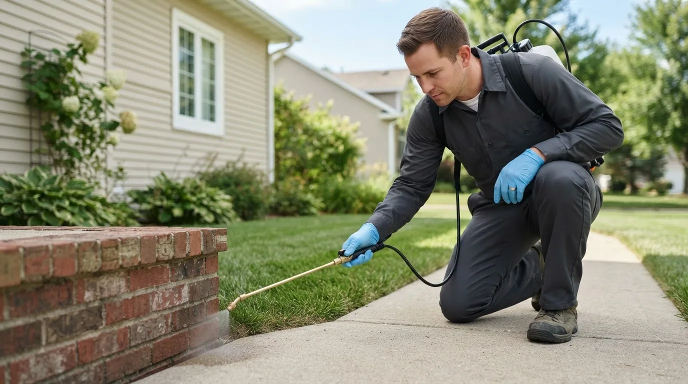 Pest control technician treating a home near Foxboro, WI