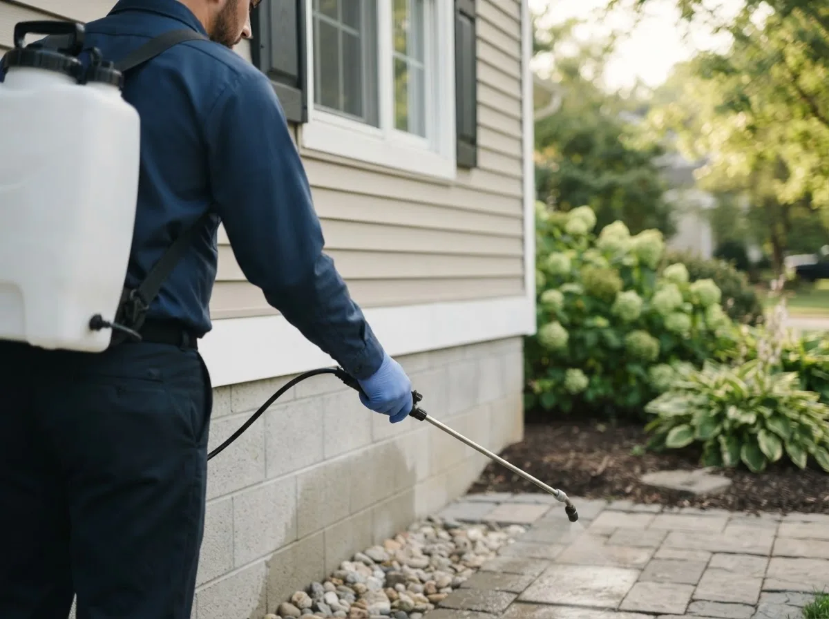 Pest control technician inspecting a home in Foxboro, WI
